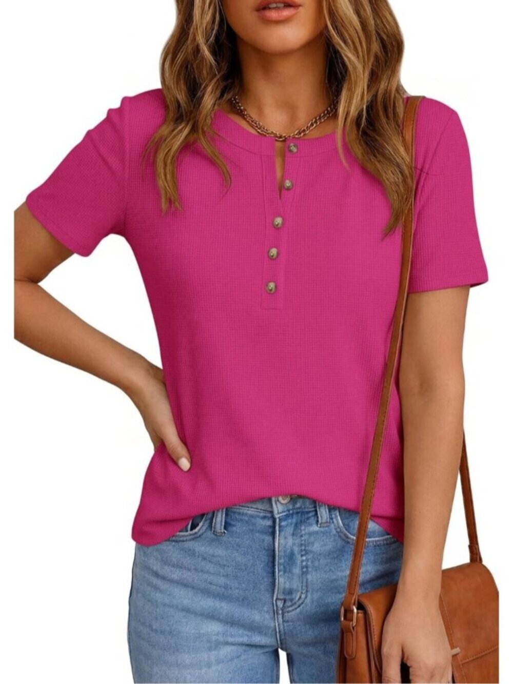 〽️Women's Hot Pink Short Sleeve Henley Shirts Summer Blouses Dressy Casual